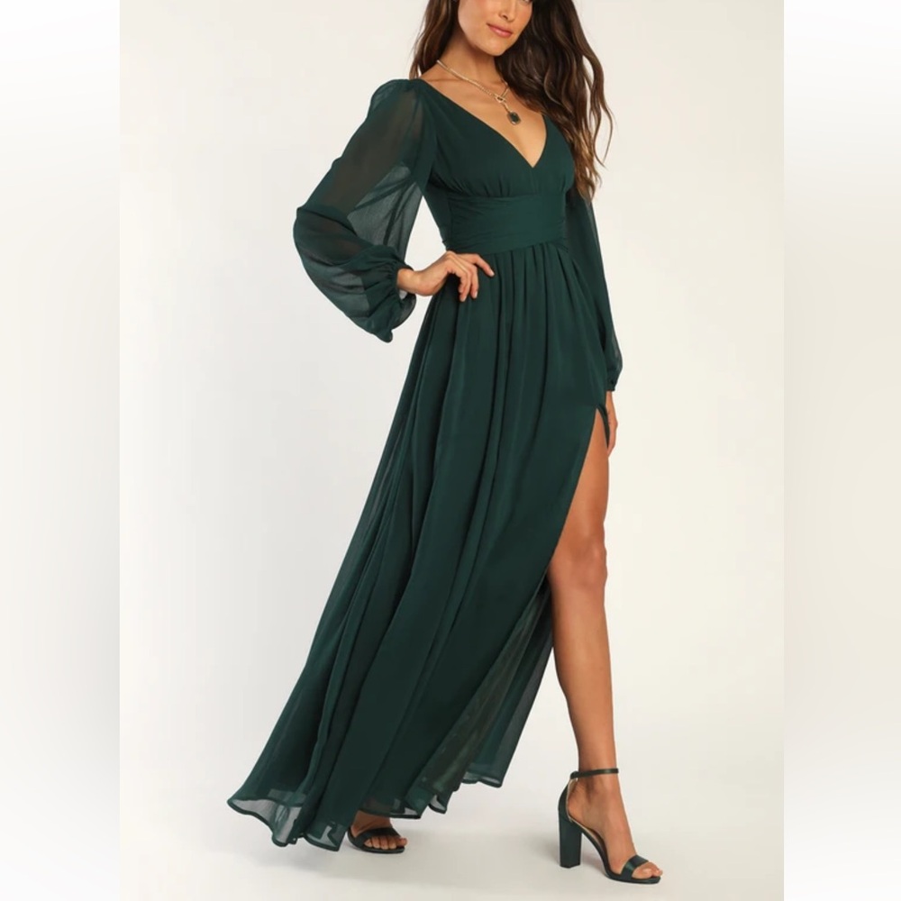 Lulus Enchant My Love Emerald Green V-Neck Long Sleeve Maxi Dress